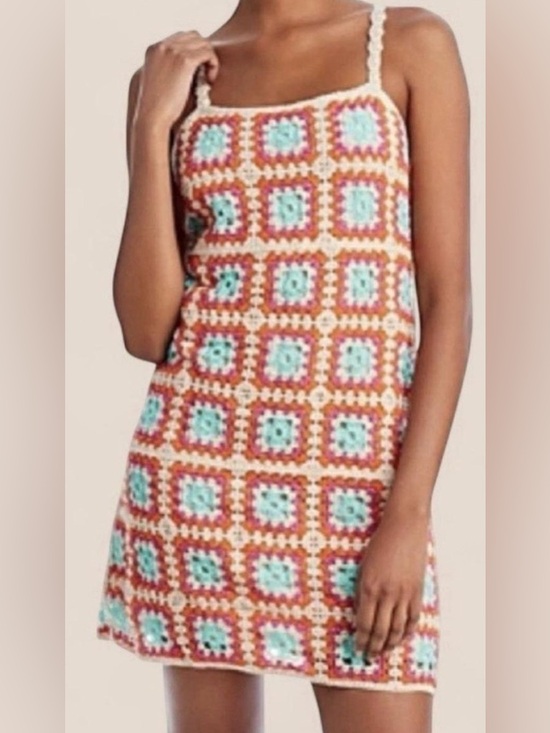 Willow Dresses & Skirts - Willow Crochet Square Mini Dress in Aqua and Rust